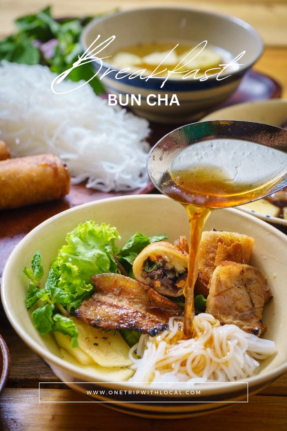 Bun cha in Hanoi with grilled pork noodles herbs and dipping broth