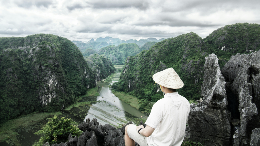 Ninh Binh limestone mountains and river scenery on a day trip from Hanoi